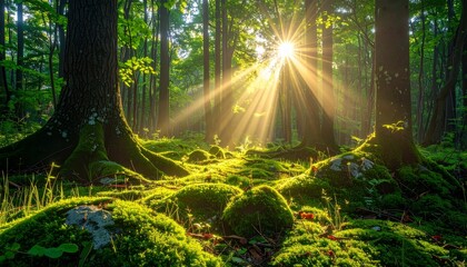Obraz premium Sunlight filters through the lush green trees on a forest path in the summer woods