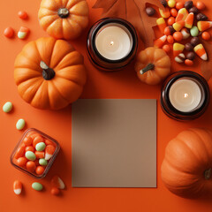 Halloween Flat-Lay with Pumpkins, Candles, and Candy on Orange Background – Festive Arrangement with Large Blank Copy Space