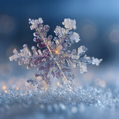 Macro Shot of Snowflake Crystal on Bright Background – Close-Up of Winter Ice Structure with Fine Detail