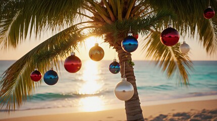 festive christmas ornaments adorn a tropical palm tree on a beautiful sandy beach | holiday, christmas, travel, tropical, celebration theme