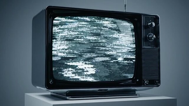 A close-up studio shot of a vintage TV set with a color test pattern displayed on the screen