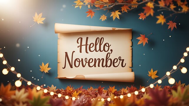 Warm autumn welcome hello november message on a scroll surrounded by twinkling lights and falling leaves
