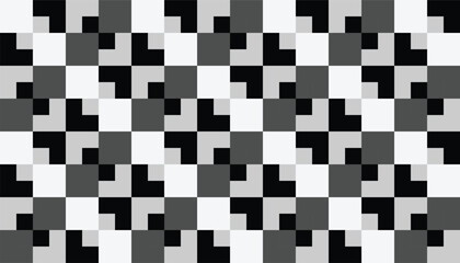 A seamless geometric pattern made of black, white, and gray pixel-like blocks arranged in a modern abstract grid. The design creates an optical illusion effect