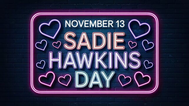 Bright neon sign with hearts and text sadie hawkins day november 13 glowing on a dark brick wall background