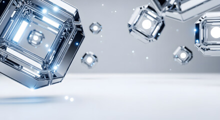 Naklejka premium Abstract floating crystalline structures with glowing interiors on a soft-focus background