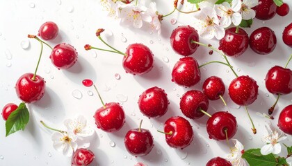Fresh, juicy red cherries are separated in a glass bowl on a white background