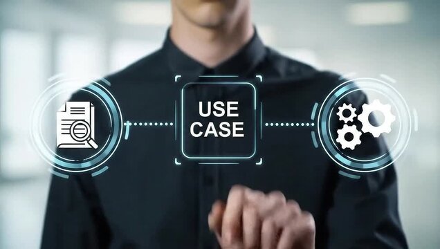 Man working on virtual touch screen presses inscription USE CASE. Use case analysis business technology concept. Case study education