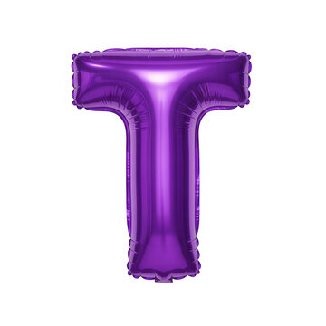 Shiny purple letter t balloon decoration for celebrations and parties isolated on transparent background