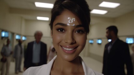 Smiling woman with high-tech scanning device in modern medical facility showcasing futuristic technology and innovation.