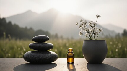 tranquil spa setting with essential oils, stones, and vibrant greenery for wellness | relaxation, meditation, wellness, beauty, nature theme