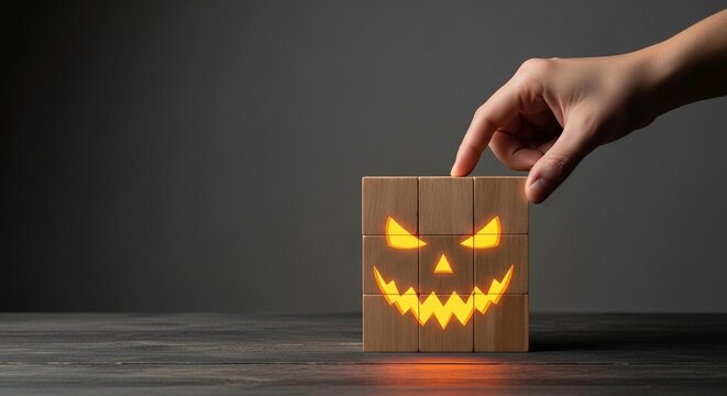 Hand placing a jack-o-lantern carved into a wooden block, Halloween concept with glowing face