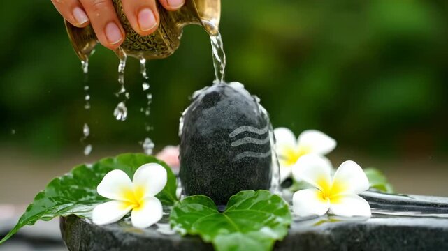 Devout hand performing sacred water abhishek on shivling during maha shivratri festival celebrations with traditional flowers