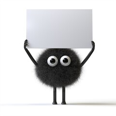 Fluffy, cute monster holds a blank sign, symbolizes information and advertising display. 3D rendering, conceptual image. Isolated on white background.