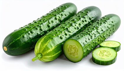 Fresh Green Cucumbers with Healthy Veggie Close Up With Sliced Pieces.