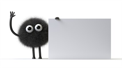 Fluffy, cute monster holds a blank sign, symbolizes information and advertising display. 3D rendering, conceptual image. Isolated on white background.