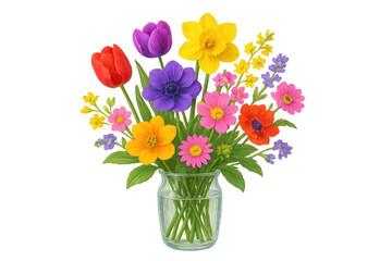 Vibrant spring flower bouquet featuring tulips, daffodil, anemone, and various blooms in a glass vase, transparent background