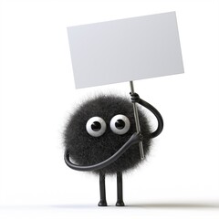 Fluffy, cute monster holds a blank sign, symbolizes information and advertising display. 3D rendering, conceptual image. Isolated on white background.