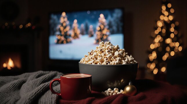 cozy christmas evening watching a classic holiday movie with friends and hot cocoa | christmas, holiday, winter, family, entertainment theme - Powered by Adobe