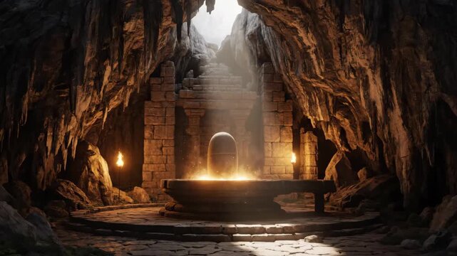 Mystical shivling illuminated by divine light in an ancient cave temple symbolizing devotion during maha shivratri