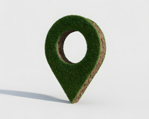 Vibrant green grass map pin symbol crafted from lush turf and rich soil, signifying eco friendly exploration and sustainable discovery for global navigation