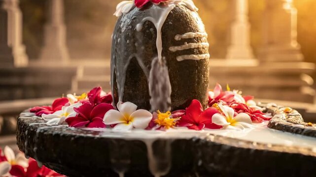 Sacred shivling abhishekam ceremony during maha shivratri festival symbolizing deep devotion and spiritual purity with vibrant floral offerings