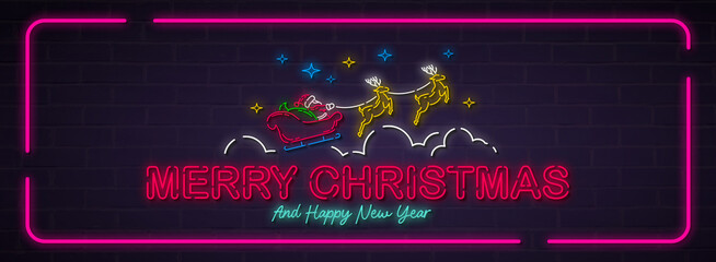 Neon light Christmas design featuring Santa’s sleigh with reindeer and glowing “Merry Christmas and Happy New Year” text on a dark brick wall background. Perfect for festive posters and digital ads.