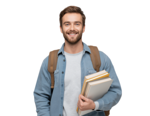  handsome, smiling man, a student holding books and a backpack, isolated on a white background