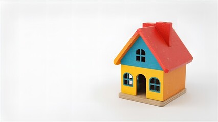 A close-up view of a colorful toy house on a plain white background. The toy house is detailed with miniature windows, doors, and a roof, made of plastic or wood.