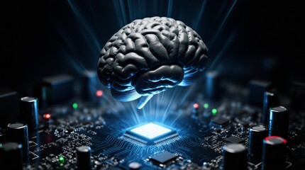 ai brain conceptualization on circuit board, futuristic technology innovation | technology, science, artificial intelligence, innovation, future theme