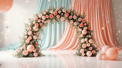 delicate floral arch with pastel balloons and soft drapery for a dreamy celebration | wedding, party, birthday, baby shower, event theme