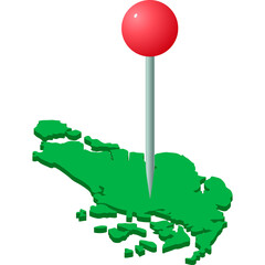 Green Isometric Island Map with Red Push Pin Marker on Transparent Background symbolizing location and navigation