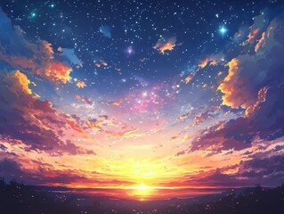 Fototapeta premium Colorful sunset sky filled with stars and clouds.