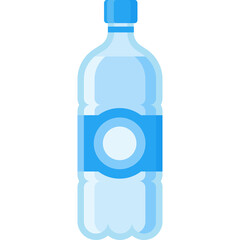 Stylized Vector Illustration of a Clear Plastic Water Bottle with Blue Cap and Label on Transparent Background