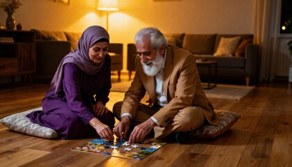 Cozy Moments: An Elderly Couple engrossed in a Jigsaw Puzzle, radiating warmth and serenity in their shared intimacy.