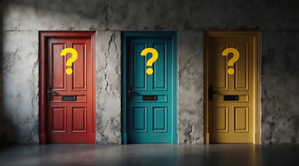 three vibrant doors symbolize life choices and potential pathways into unknown futures | career, choices, life, hope, potential theme