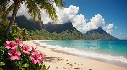 serene tropical beachscape featuring vibrant pink flowers and lush green mountains | travel, nature, relaxation, wallpaper, vacation theme
