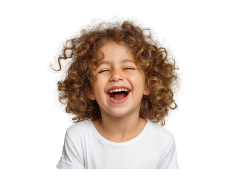 A happy little girl with curly hair laughing, wearing a white t-shirt, isolated on a clear, transparent background 