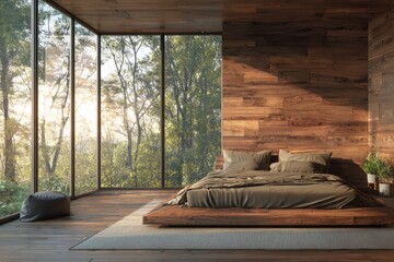 Modern bedroom with wooden walls and expansive windows overlooking a forest.