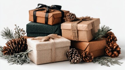 Classic christmas presents stacked with festive ribbons, pine cones, greenery, and holiday decorations on transparent background for seasonal celebrations