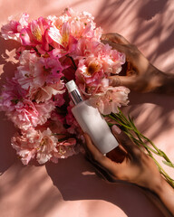 Hands Holding Floral Skincare Mist with Pink Blossoms in Sunlight