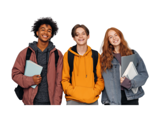 happy students standing together, isolated on a white background 