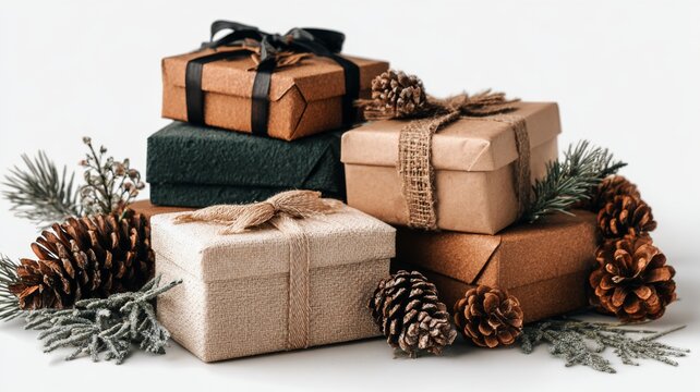 Classic christmas presents stacked with festive ribbons, pine cones, greenery, and holiday decorations on transparent background for seasonal celebrations