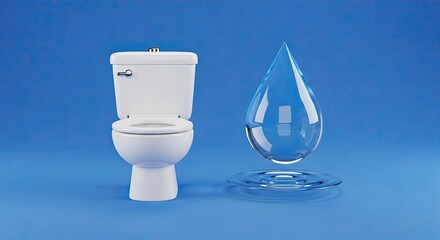 Modern white toilet bowl next to a pristine water droplet symbolizing freshness, hygiene, and efficient plumbing solutions for clean homes and healthy living