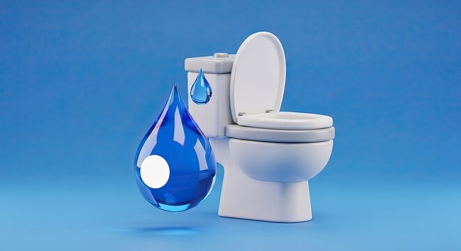Modern white toilet with large water droplet symbol emphasizing water conservation and efficient plumbing solutions for sustainable homes and businesses