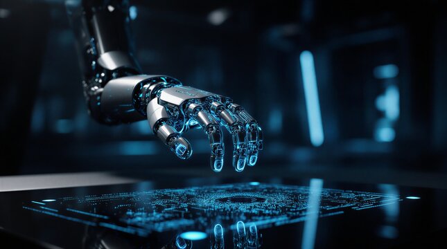 robotic hand interacting with futuristic computer interface display screen | technology, artificial intelligence, future, science, automation theme