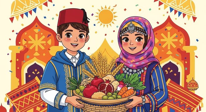 Children Celebrating Yennayer Festival with Traditional Emblems