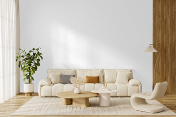 Modern Living Room PNG with Transparent Wall, Cream Sofa, Wooden Coffee Table and Realistic Shadow Lighting