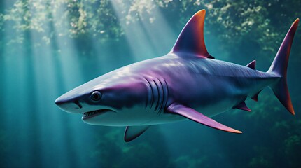 Naklejka premium majestic great white shark swimming through vibrant and colorful underwater realm | ocean, nature, wildlife, marine, beauty theme