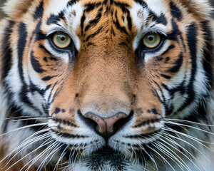 Fototapeta premium Intense close-up portrait of a majestic tiger's face, showcasing piercing green eyes and striking orange and black stripes, evoking power and wild beauty.