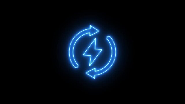 Glowing neon cycle arrows with bolt icon animation on black background.